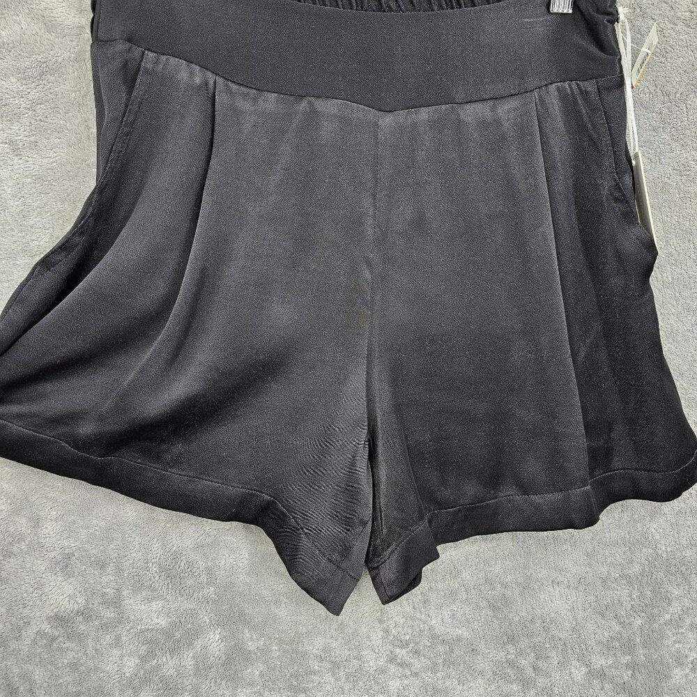 1 State On Point Satin Shorts S Black Flat Front Elastic Waist Zip High Rise New - Picture 3 of 12